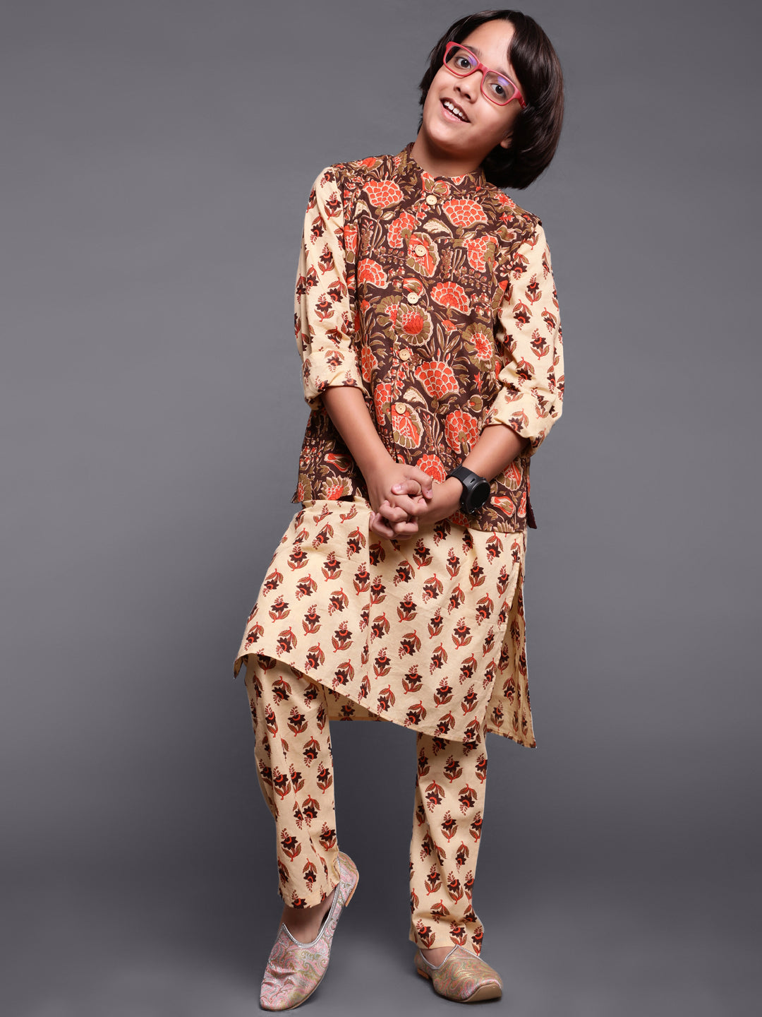 Brown Floral Print Kurta Pyjama With Nehru Jacket - Elganza