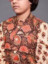 Brown Floral Print Kurta Pyjama With Nehru Jacket - Elganza