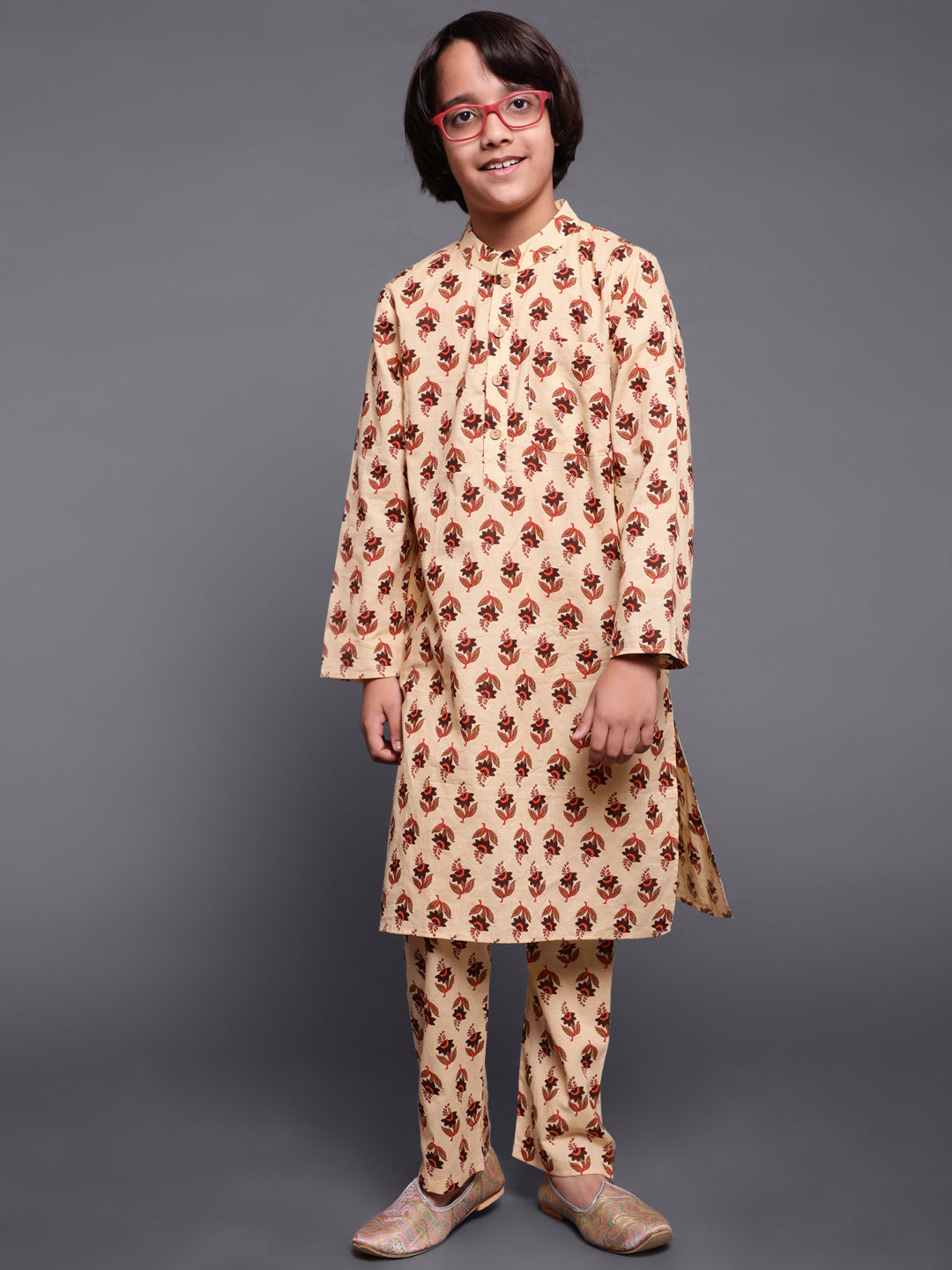 Brown Floral Print Kurta Pyjama With Nehru Jacket - Elganza
