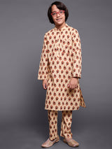 Brown Floral Print Kurta Pyjama With Nehru Jacket - Elganza