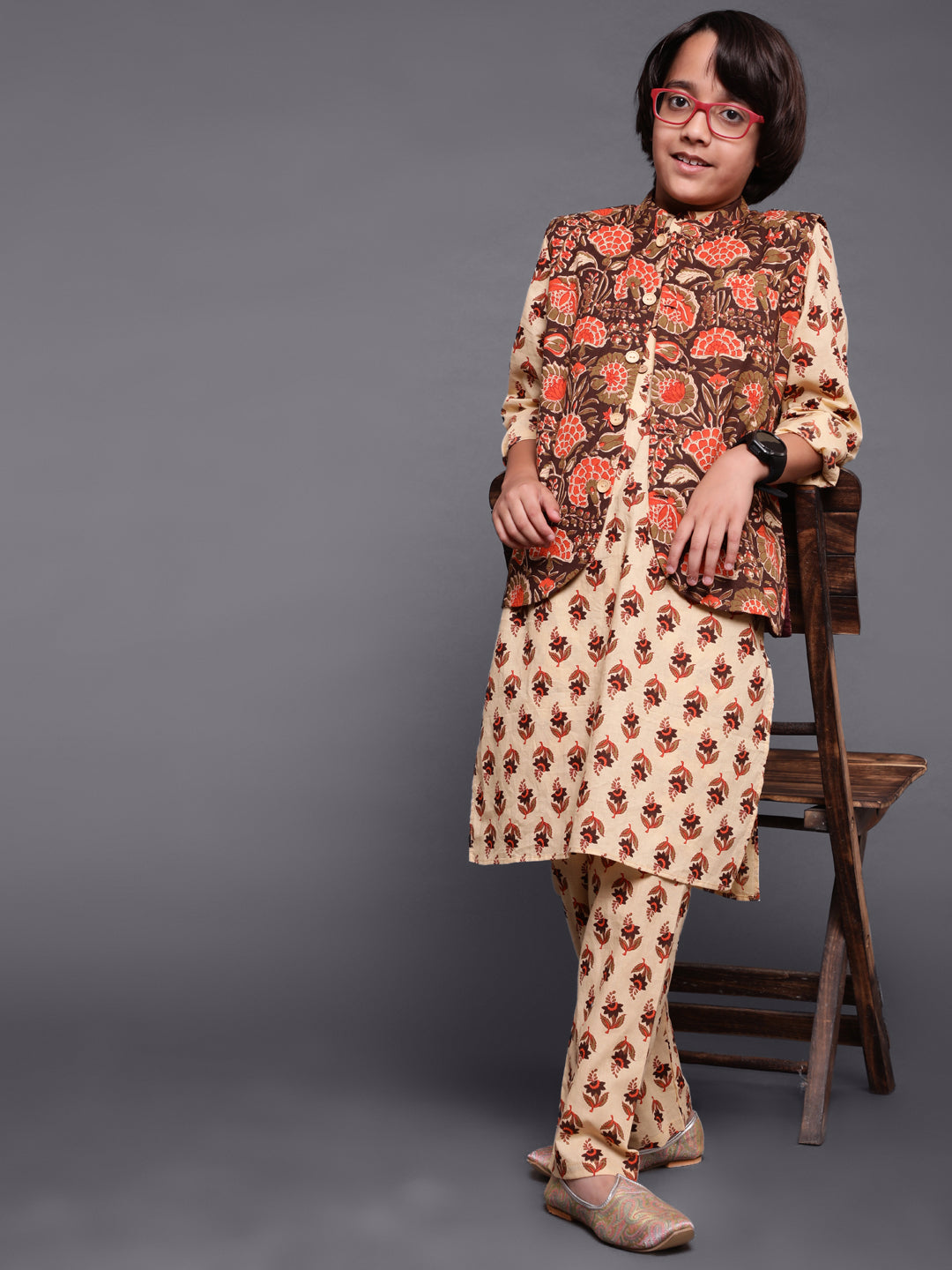 Brown Floral Print Kurta Pyjama With Nehru Jacket - Elganza