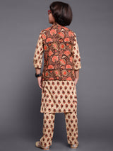 Brown Floral Print Kurta Pyjama With Nehru Jacket - Elganza