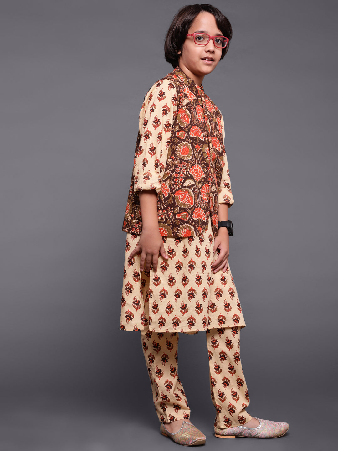 Brown Floral Print Kurta Pyjama With Nehru Jacket - Elganza