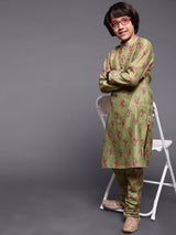 Green Digital Print Long Kurta With Churidar - Elganza