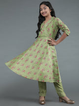 Green Floral Print Kurta With Pant - Elganza