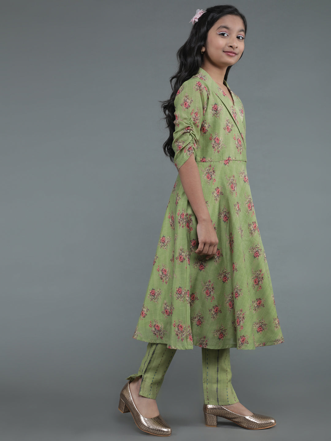 Green Floral Print Kurta With Pant - Elganza