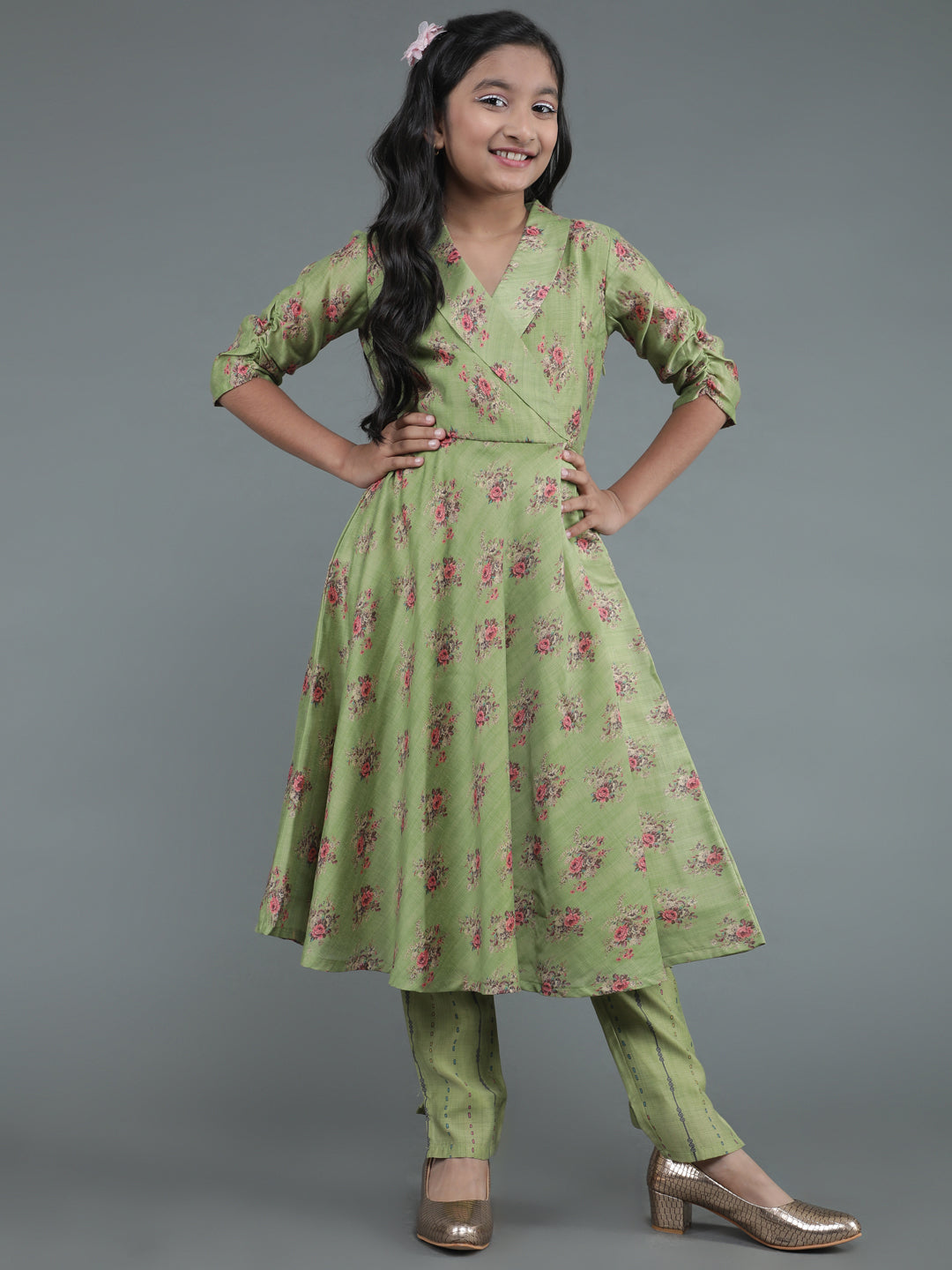 Green Floral Print Kurta With Pant - Elganza