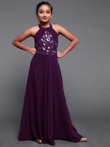 Purple Sequined Flared Maxi Dress - Elganza