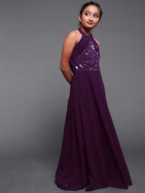 Purple Sequined Flared Maxi Dress - Elganza