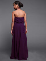 Purple Sequined Flared Maxi Dress - Elganza