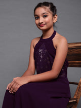 Purple Sequined Flared Maxi Dress - Elganza