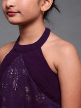 Purple Sequined Flared Maxi Dress - Elganza