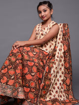 Brown & Cream Floral Print Lehenga Choli With Dupatta - Elganza