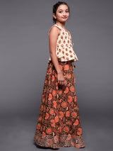 Brown & Cream Floral Print Lehenga Choli With Dupatta - Elganza