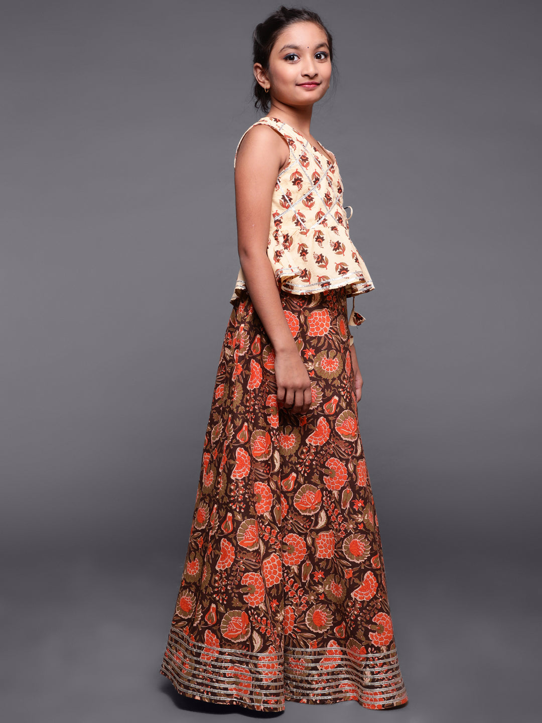 Brown & Cream Floral Print Lehenga Choli With Dupatta - Elganza