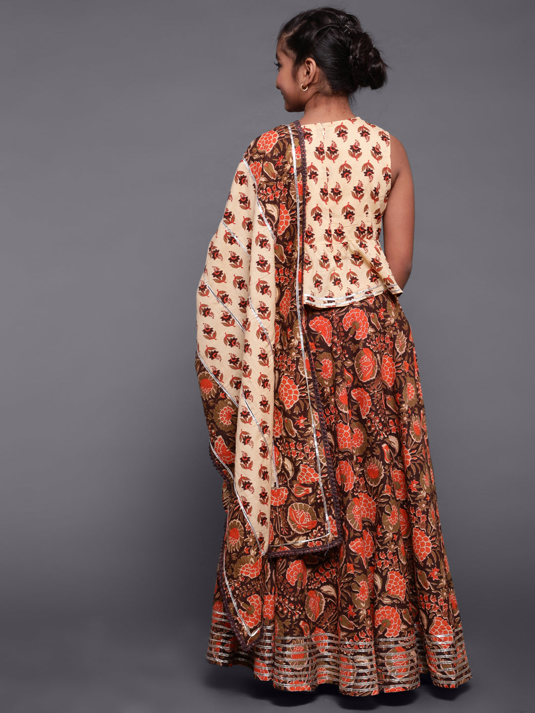 Brown & Cream Floral Print Lehenga Choli With Dupatta - Elganza