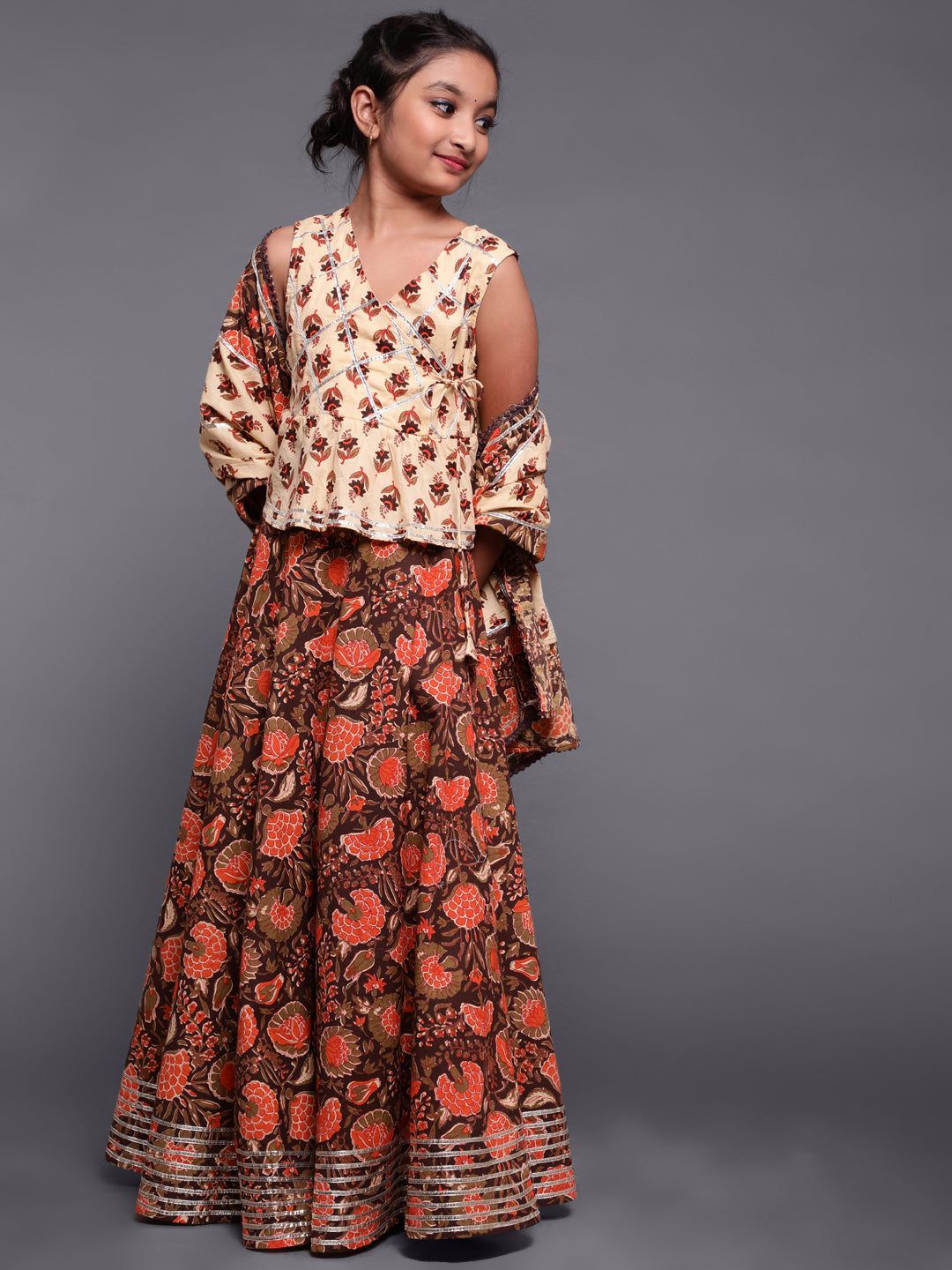 Brown & Cream Floral Print Lehenga Choli With Dupatta - Elganza