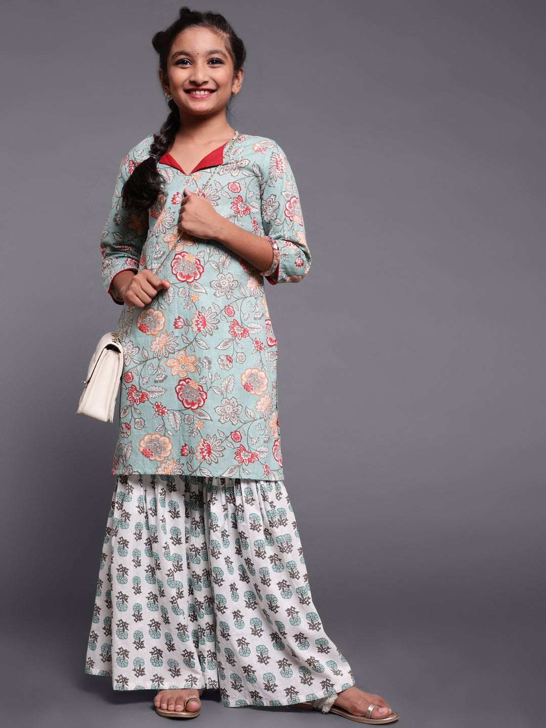 Pastel Green Floral Print Kurta With Sharara - Elganza