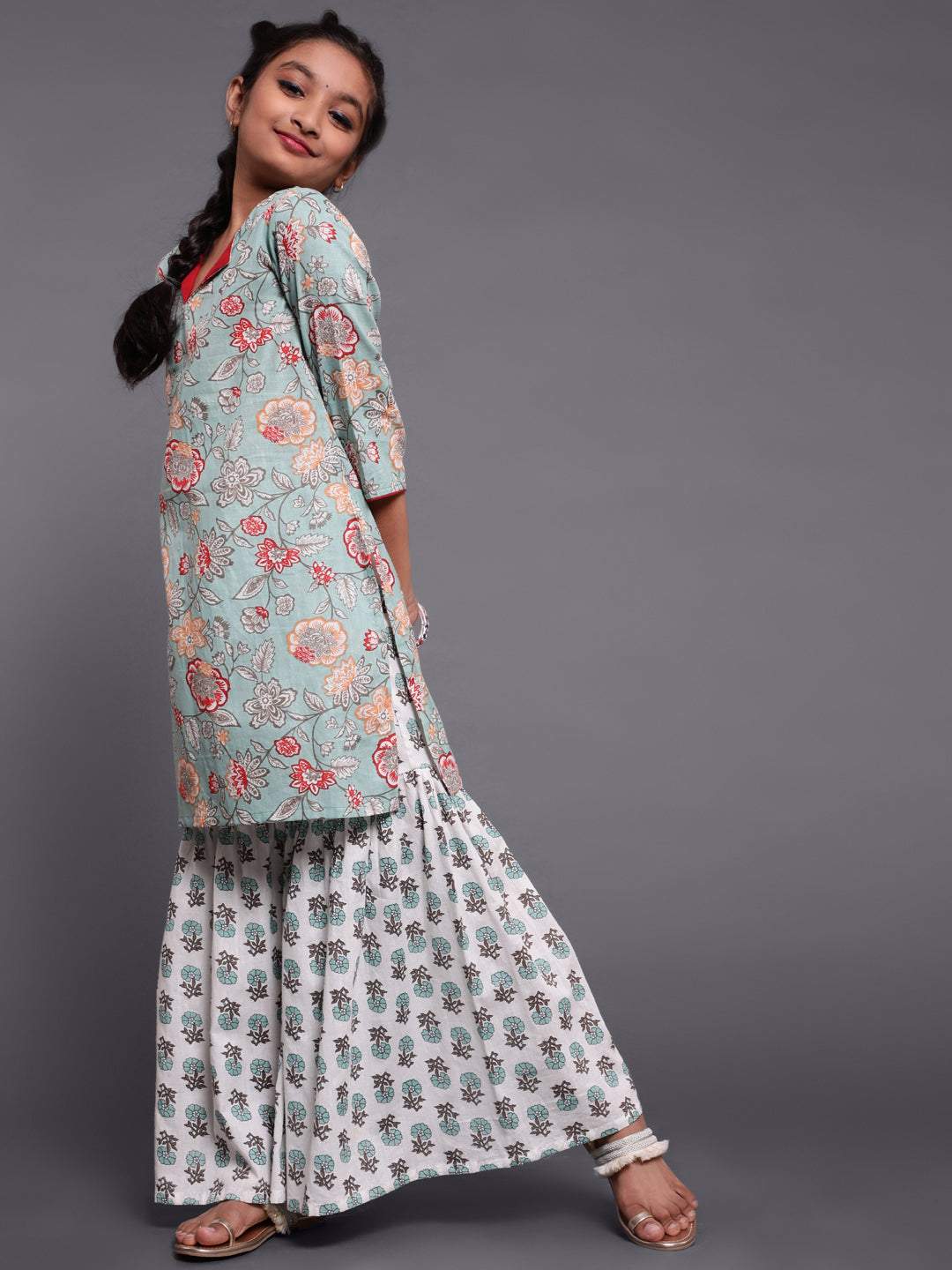 Pastel Green Floral Print Kurta With Sharara - Elganza
