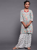 Pastel Green Floral Print Kurta With Sharara - Elganza
