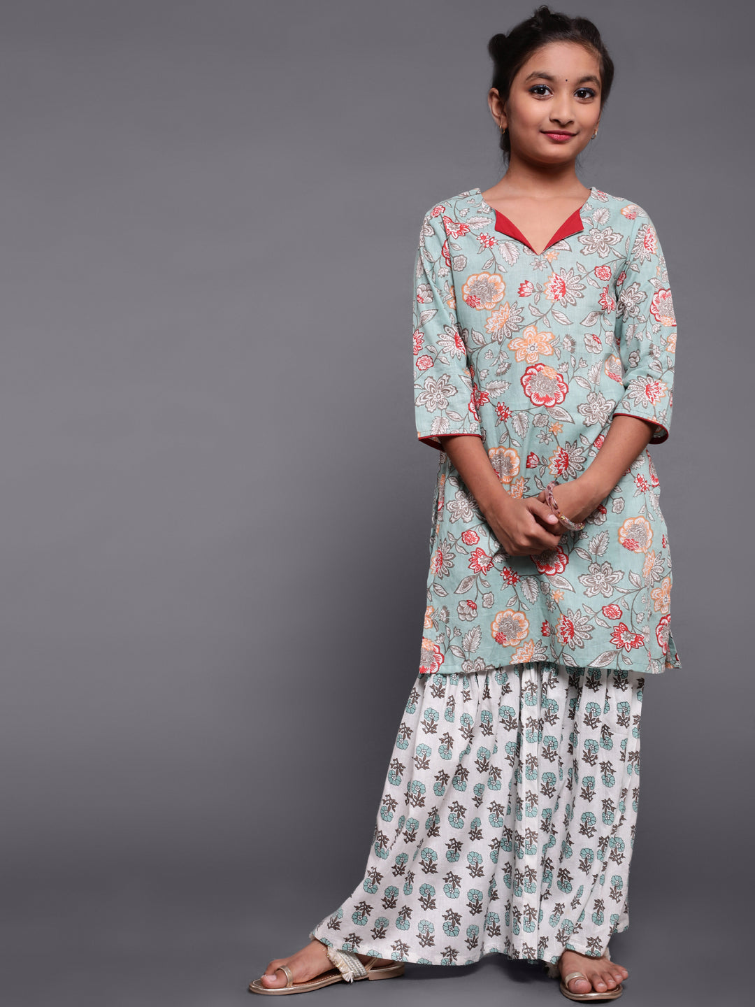 Pastel Green Floral Print Kurta With Sharara - Elganza