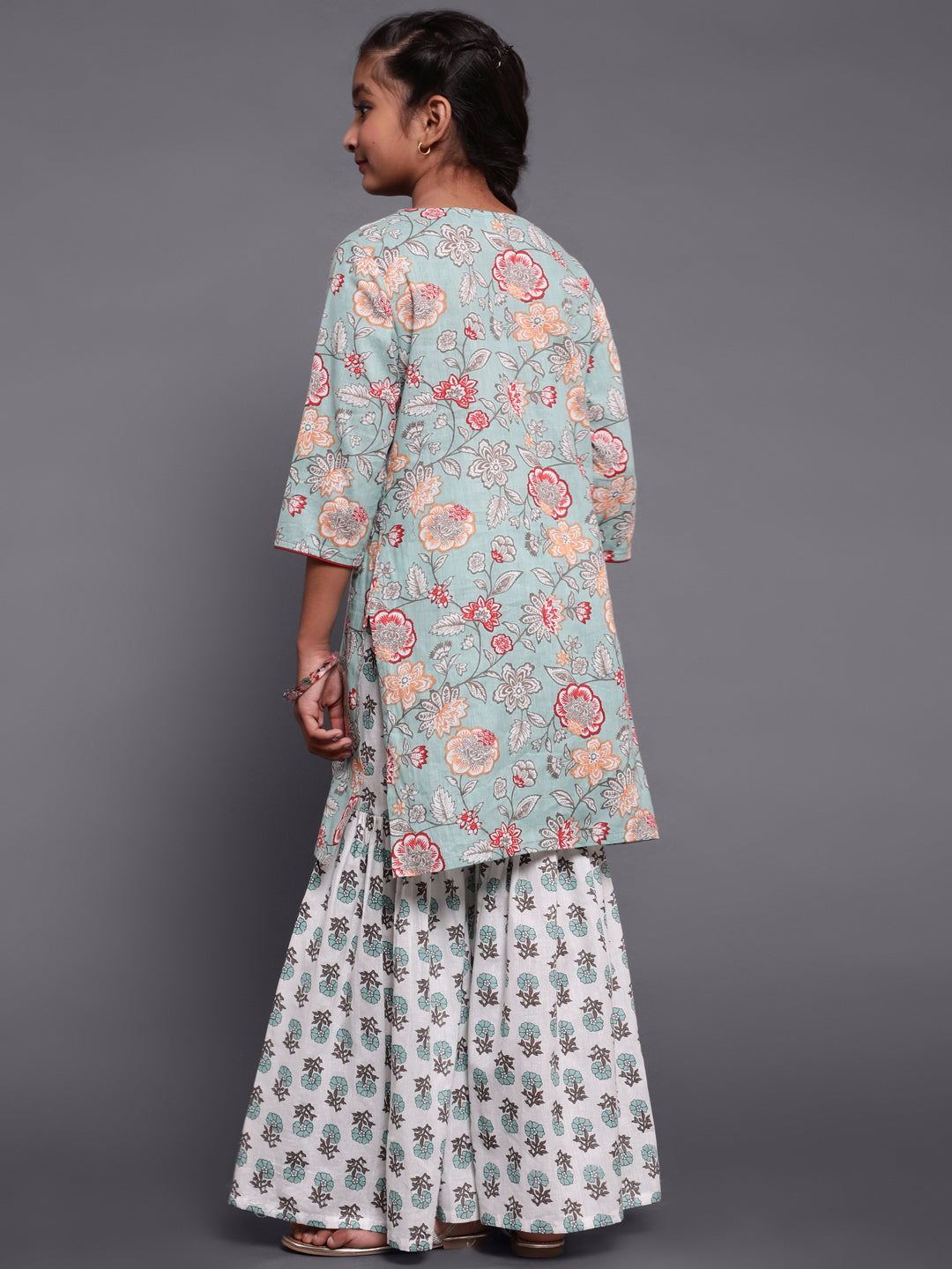 Pastel Green Floral Print Kurta With Sharara - Elganza