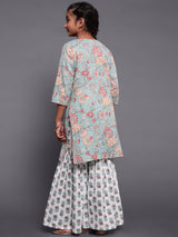 Pastel Green Floral Print Kurta With Sharara - Elganza