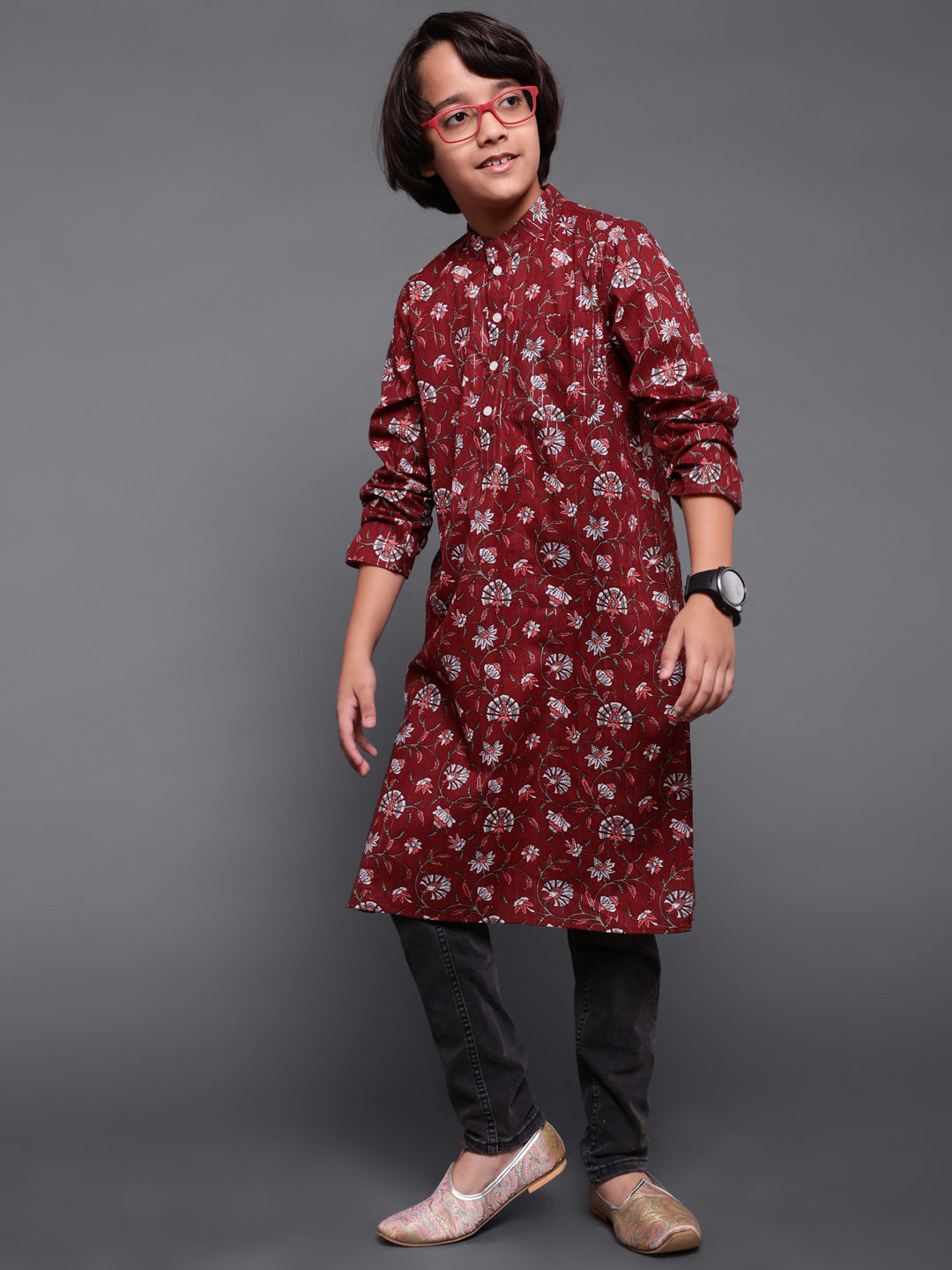 Maroon Floral Print Long Kurta - Elganza