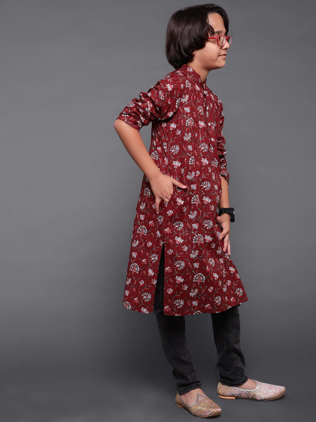 Maroon Floral Print Long Kurta - Elganza