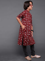 Maroon Floral Print Long Kurta - Elganza