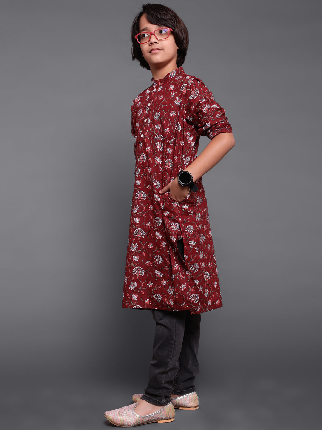 Maroon Floral Print Long Kurta - Elganza