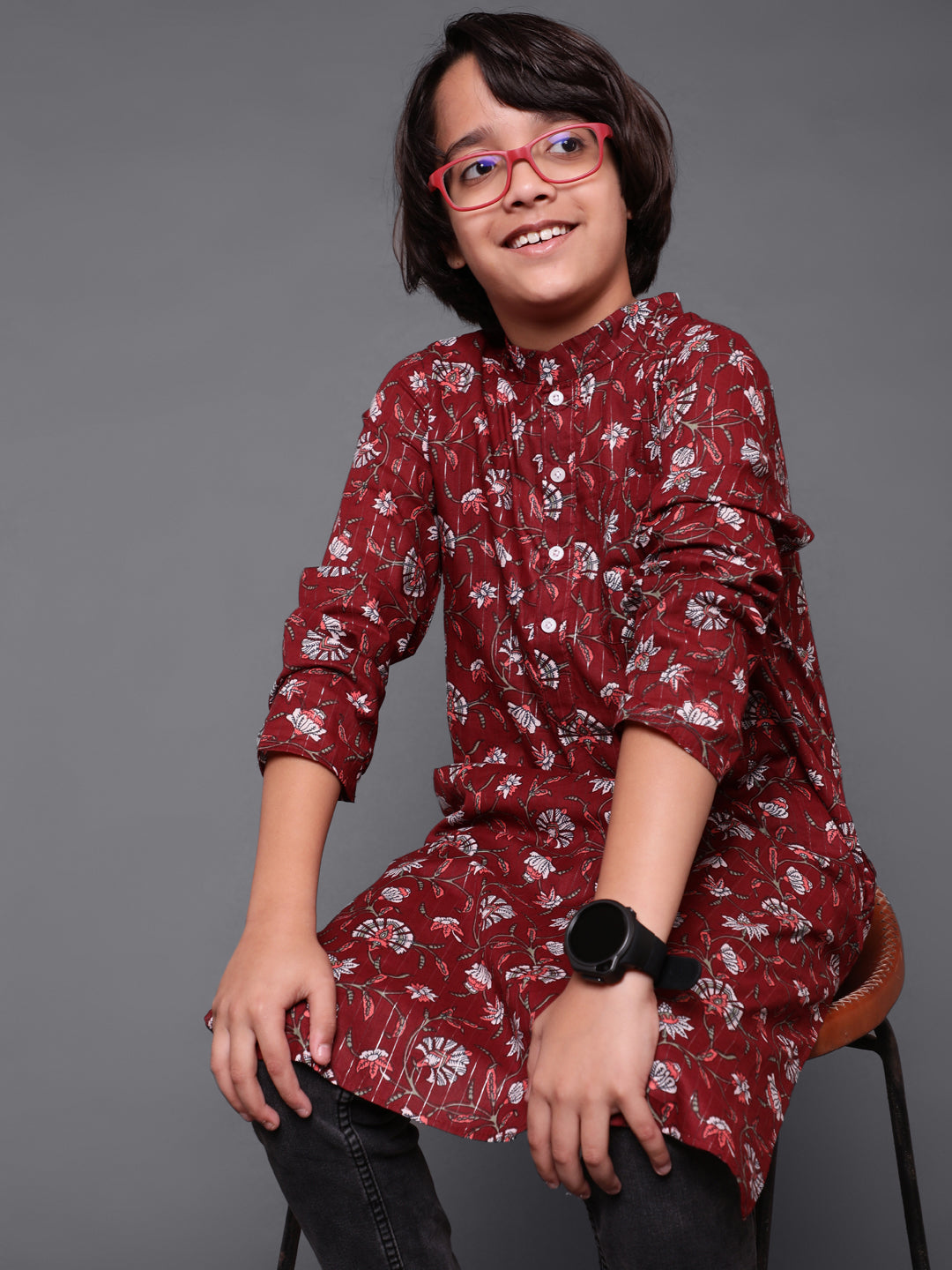 Maroon Floral Print Long Kurta - Elganza