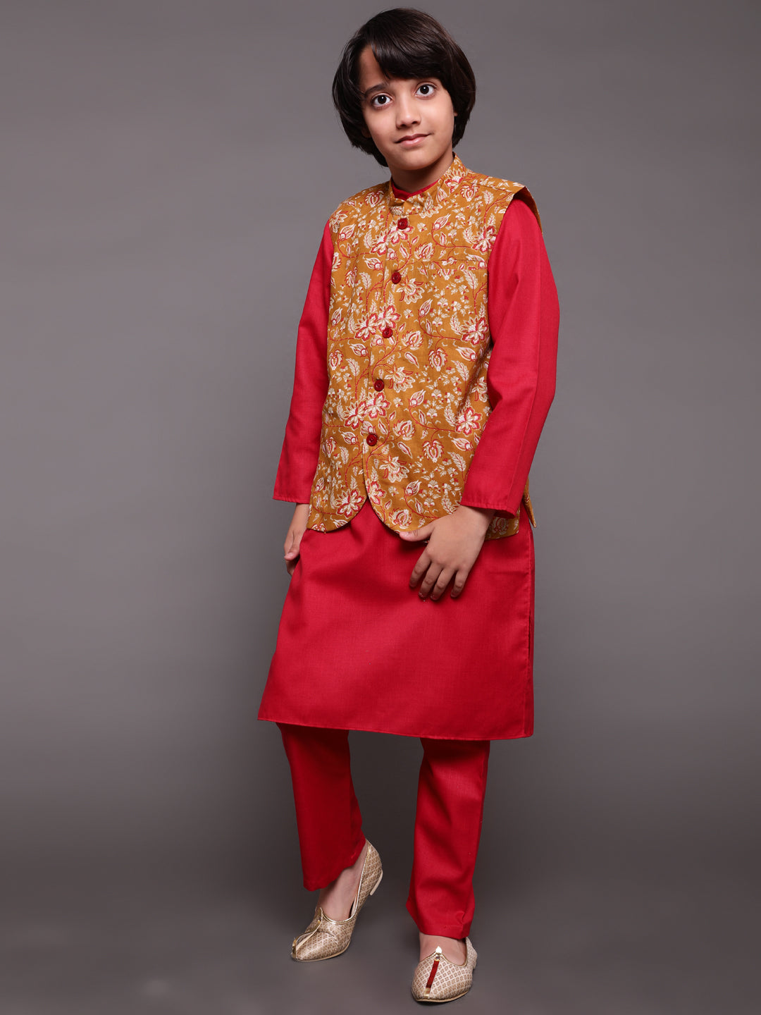 Red & Mustard Floral Print Kurta Pyjama With Nehru Jacket - Elganza