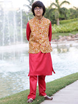 Red & Mustard Floral Print Kurta Pyjama With Nehru Jacket - Elganza