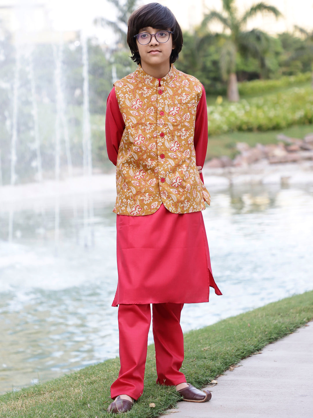 Red & Mustard Floral Print Kurta Pyjama With Nehru Jacket - Elganza