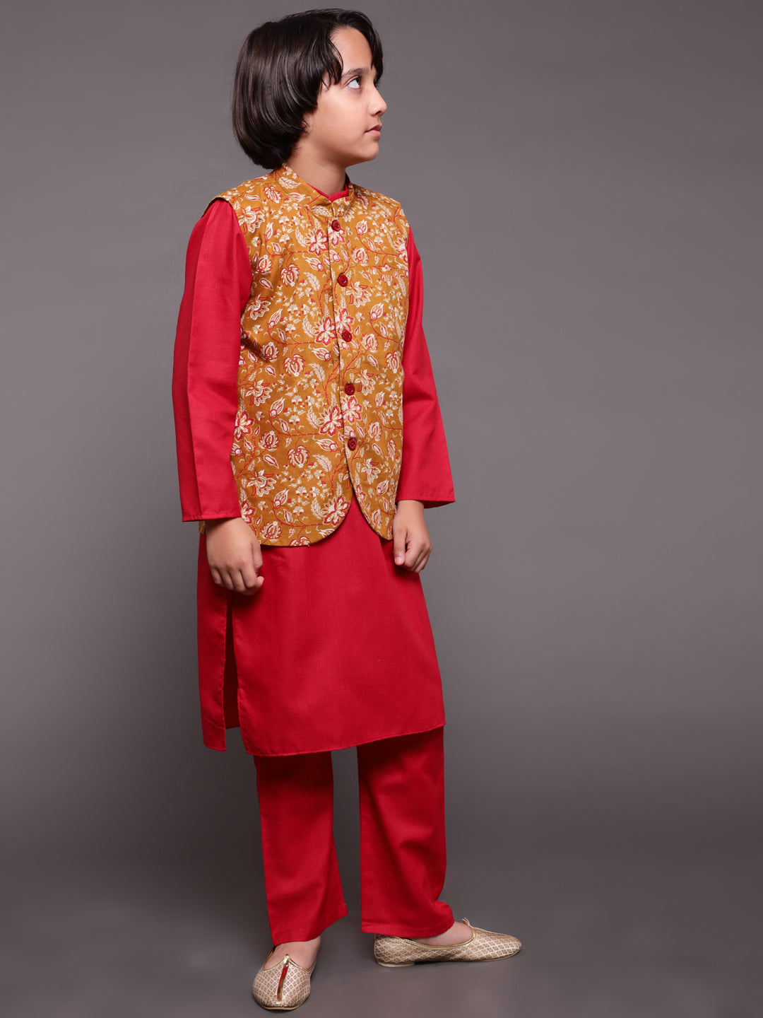 Red & Mustard Floral Print Kurta Pyjama With Nehru Jacket - Elganza