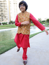 Red & Mustard Floral Print Kurta Pyjama With Nehru Jacket - Elganza
