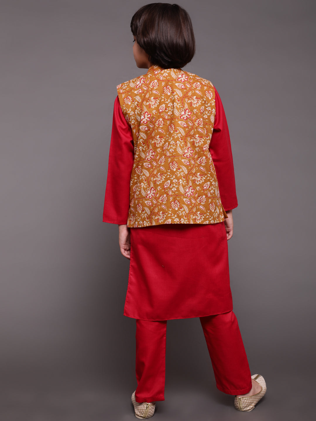 Red & Mustard Floral Print Kurta Pyjama With Nehru Jacket - Elganza