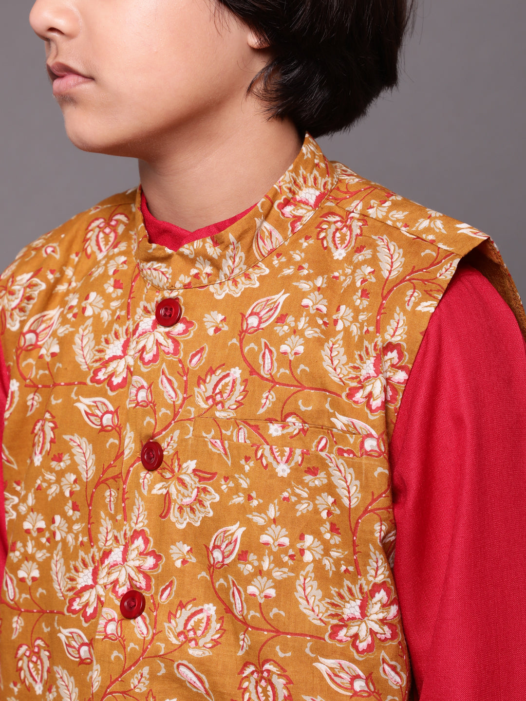 Red & Mustard Floral Print Kurta Pyjama With Nehru Jacket - Elganza