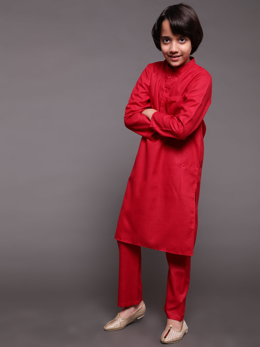Red & Mustard Floral Print Kurta Pyjama With Nehru Jacket - Elganza
