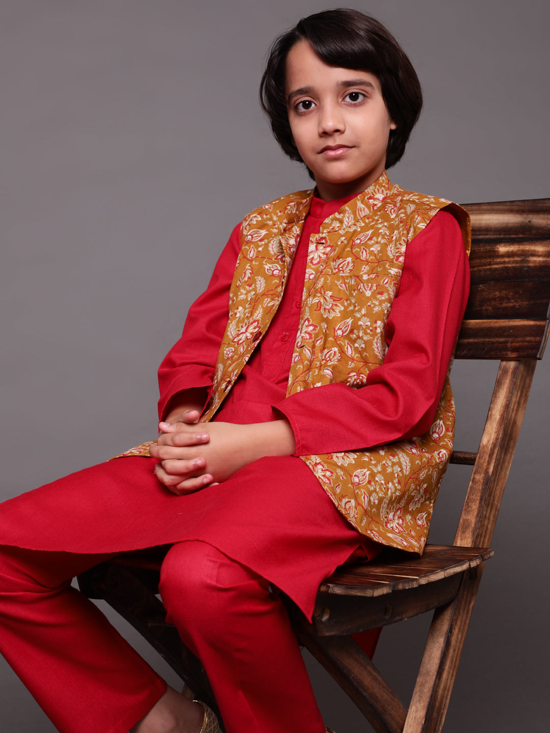 Red & Mustard Floral Print Kurta Pyjama With Nehru Jacket - Elganza