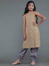 Mustard & Grey Floral Print Kurta With Balloon Palazzo - Elganza