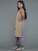 Mustard & Grey Floral Print Kurta With Balloon Palazzo - Elganza