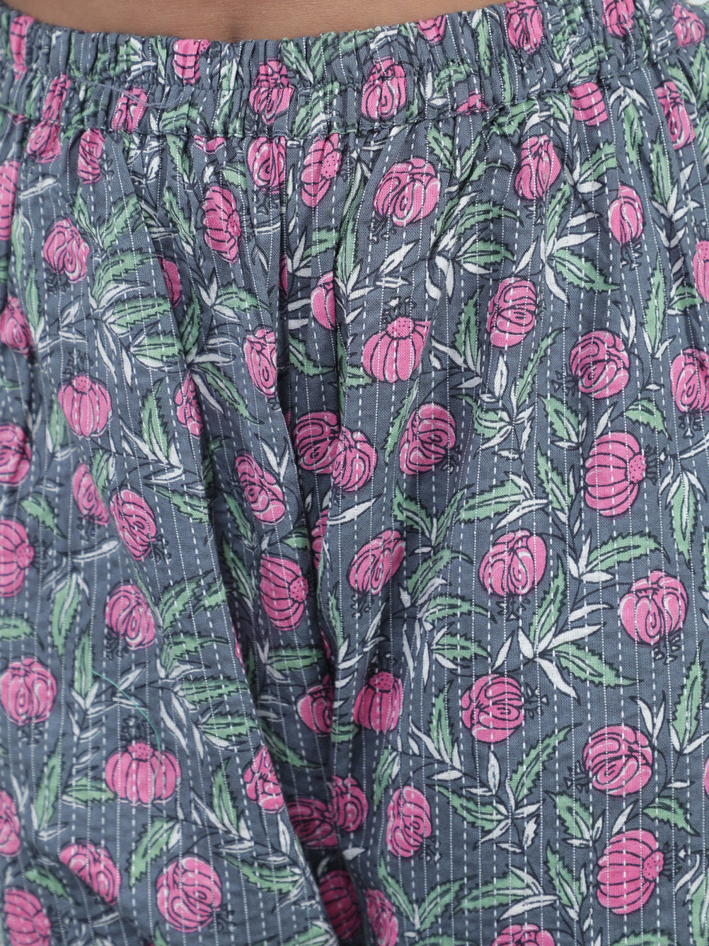 Mustard & Grey Floral Print Kurta With Balloon Palazzo - Elganza