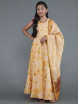 Cream Tie & Dye Print Dress With Dupatta - Elganza