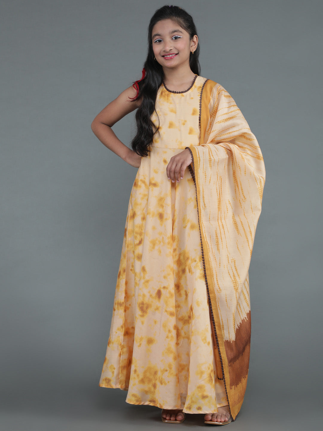 Cream Tie & Dye Print Dress With Dupatta - Elganza