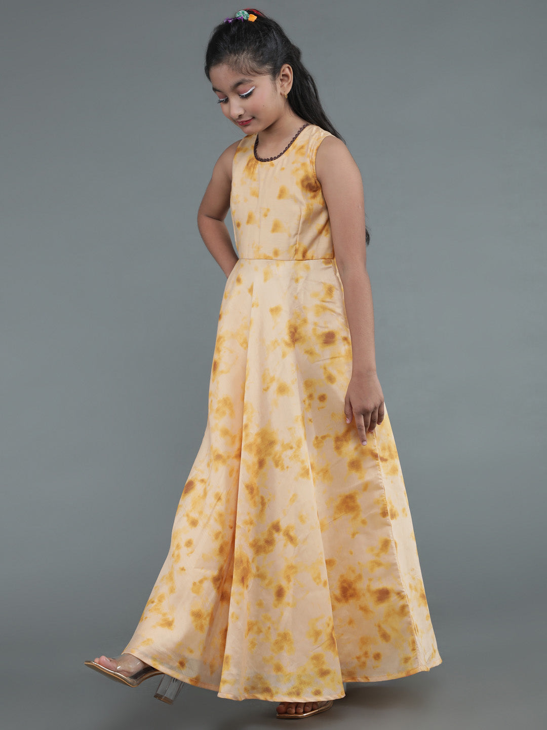 Cream Tie & Dye Print Dress With Dupatta - Elganza