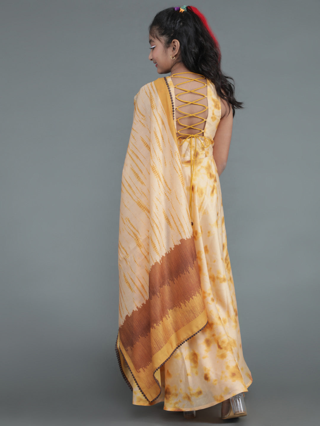 Cream Tie & Dye Print Dress With Dupatta - Elganza