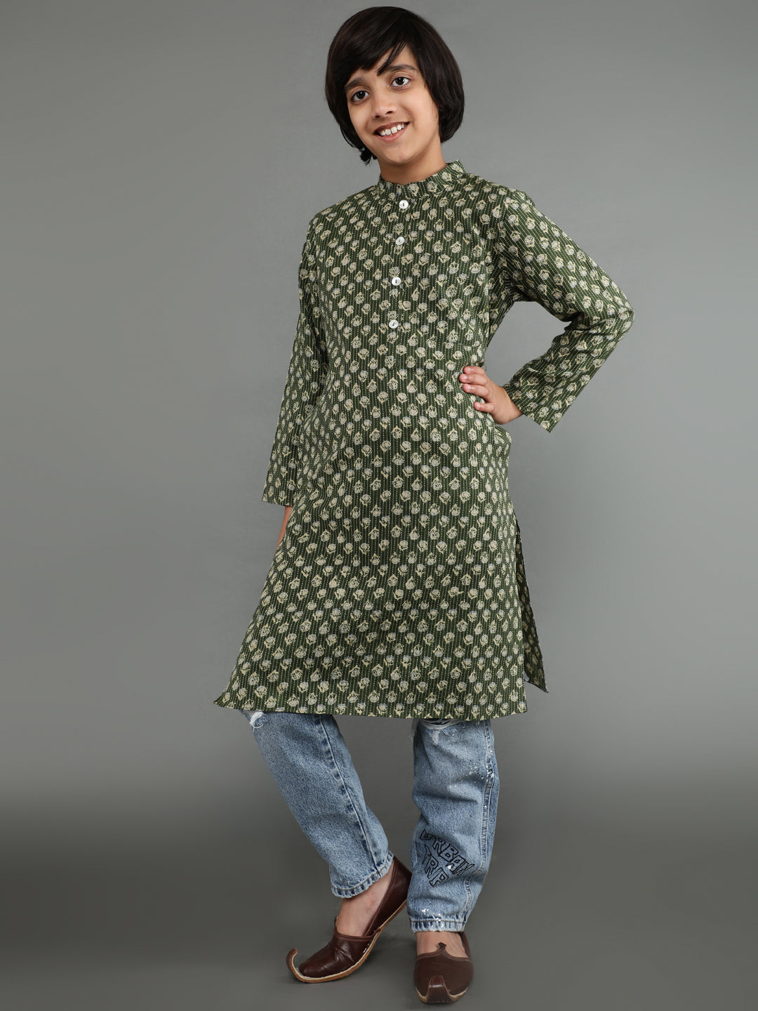 Green Kantha Work Kurta - Elganza
