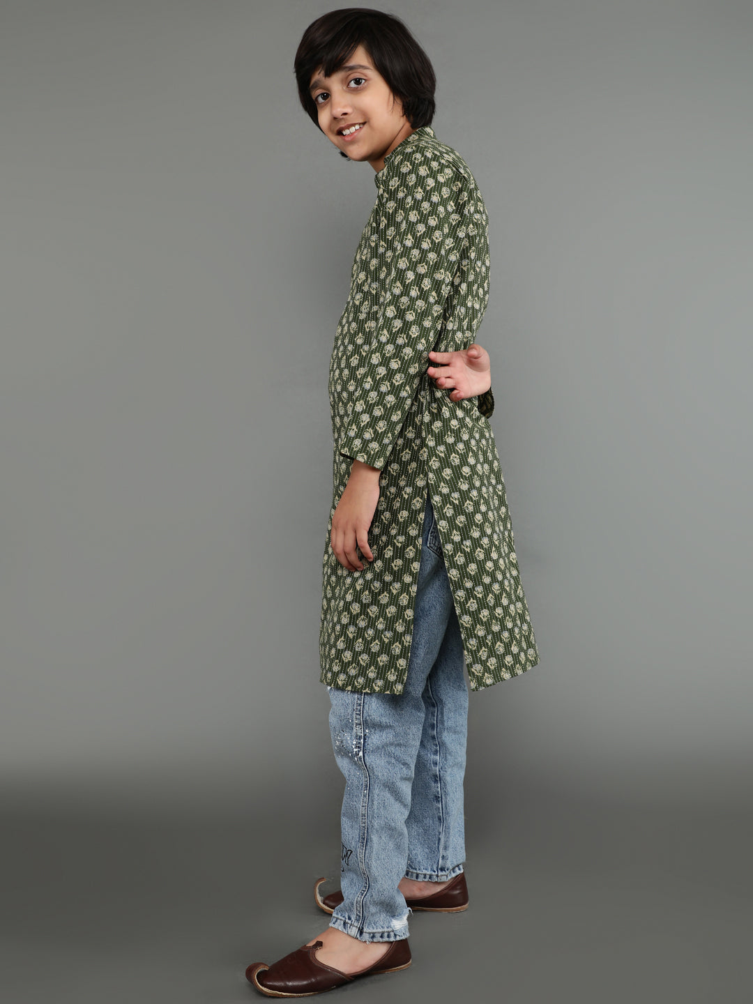 Green Kantha Work Kurta - Elganza